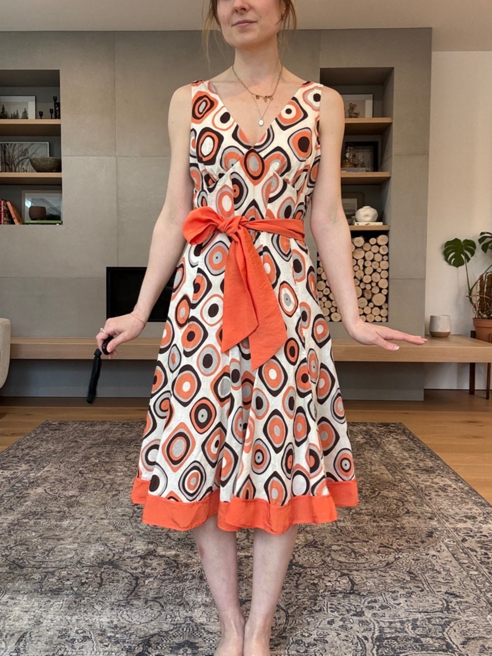 Vintage cotton and silk Retro Geo Print Orange sleeveless Dress - Picture 3 of 17
